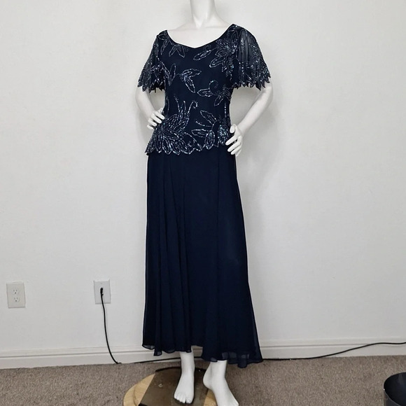 J Kara "NEW" Blue Short Flutter Sleeve Romantic Beaded Long Maxi Dress Size 6 - Picture 3 of 12